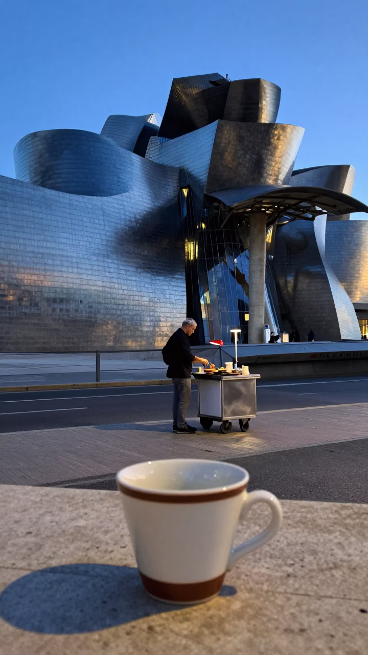 Blue Hour Street Scene in Bilbao Spain with Brushed Steel and Ceramic Cup in in Bilbao, Spain