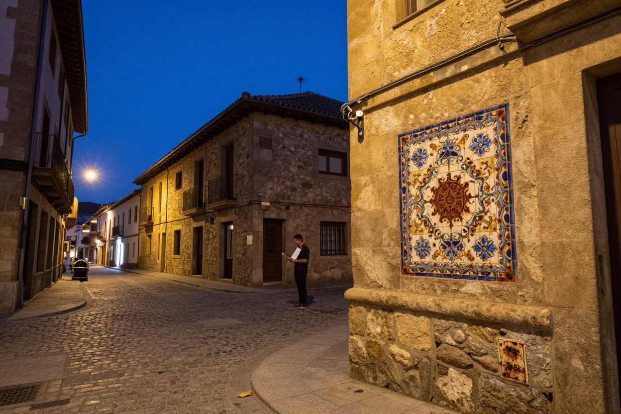 Blue Hour Street Scene in Bilbao Spain with Clipboard and Rusty Tile Details in in Bilbao, Spain