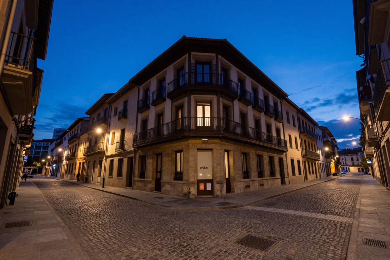 Blue Hour Street Scene in Bilbao Spain with Cobblestones and Traditional Architecture in in Bilbao, Spain