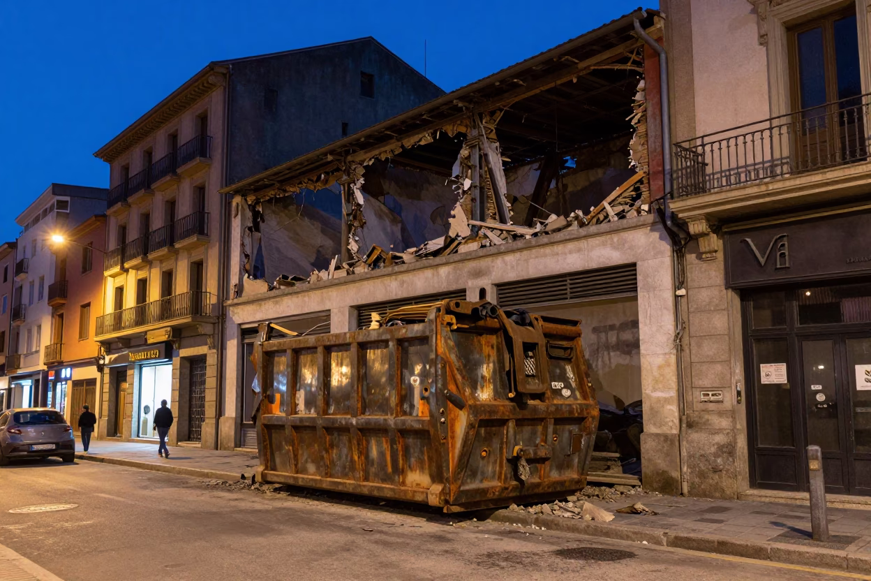 Blue Hour Street Scene in Bilbao Spain with Demolition and Urban Details in in Bilbao, Spain
