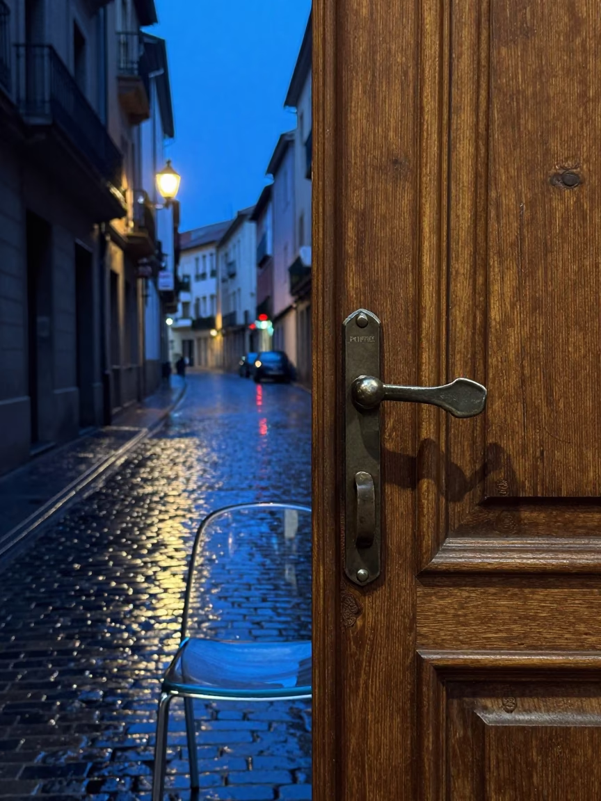 Blue Hour Street Scene in Bilbao Spain with Gate Handle and Glass Chair Rung in in Bilbao, Spain