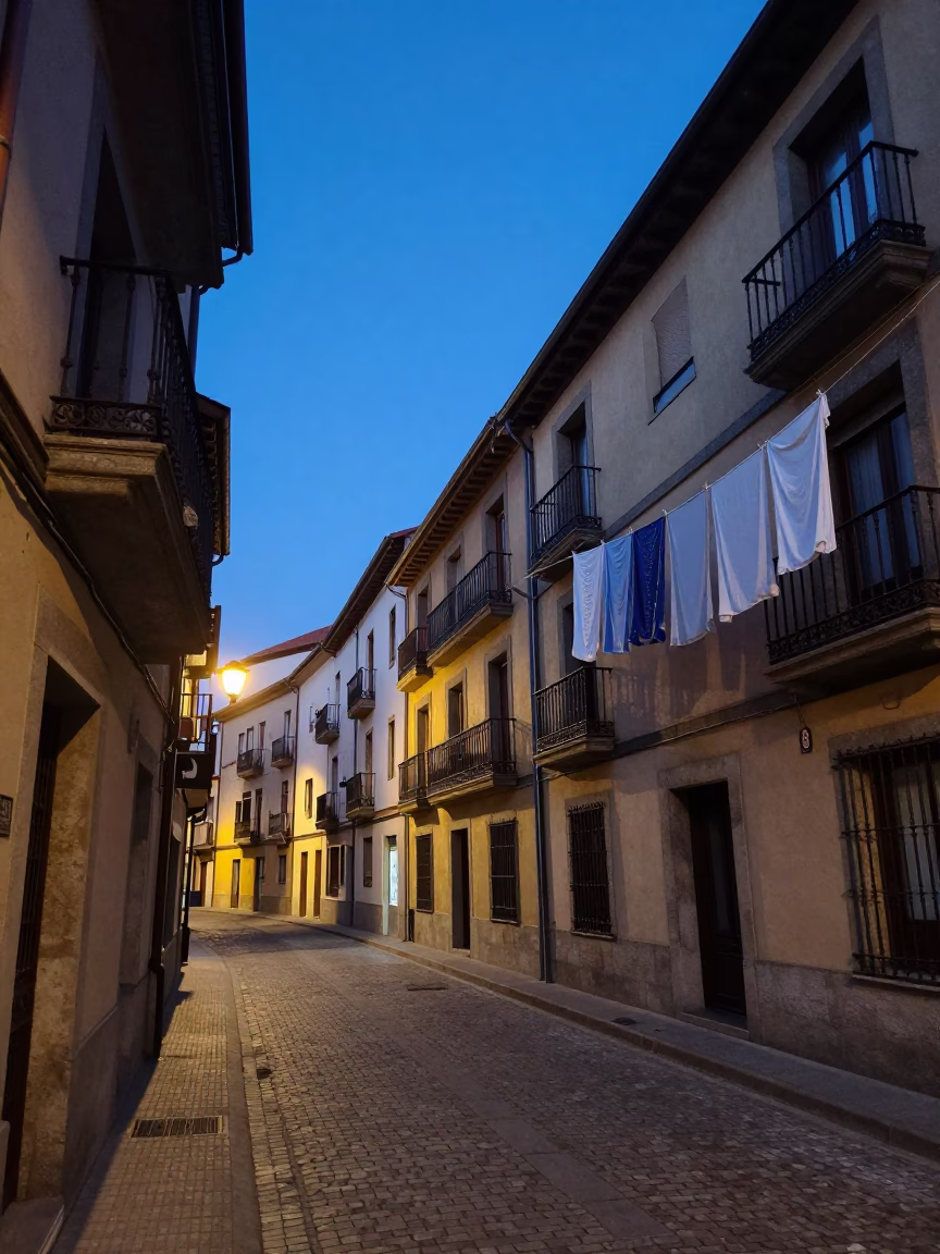 Blue Hour Street Scene in Bilbao Spain with Laundry and Urban Details in in Bilbao, Spain