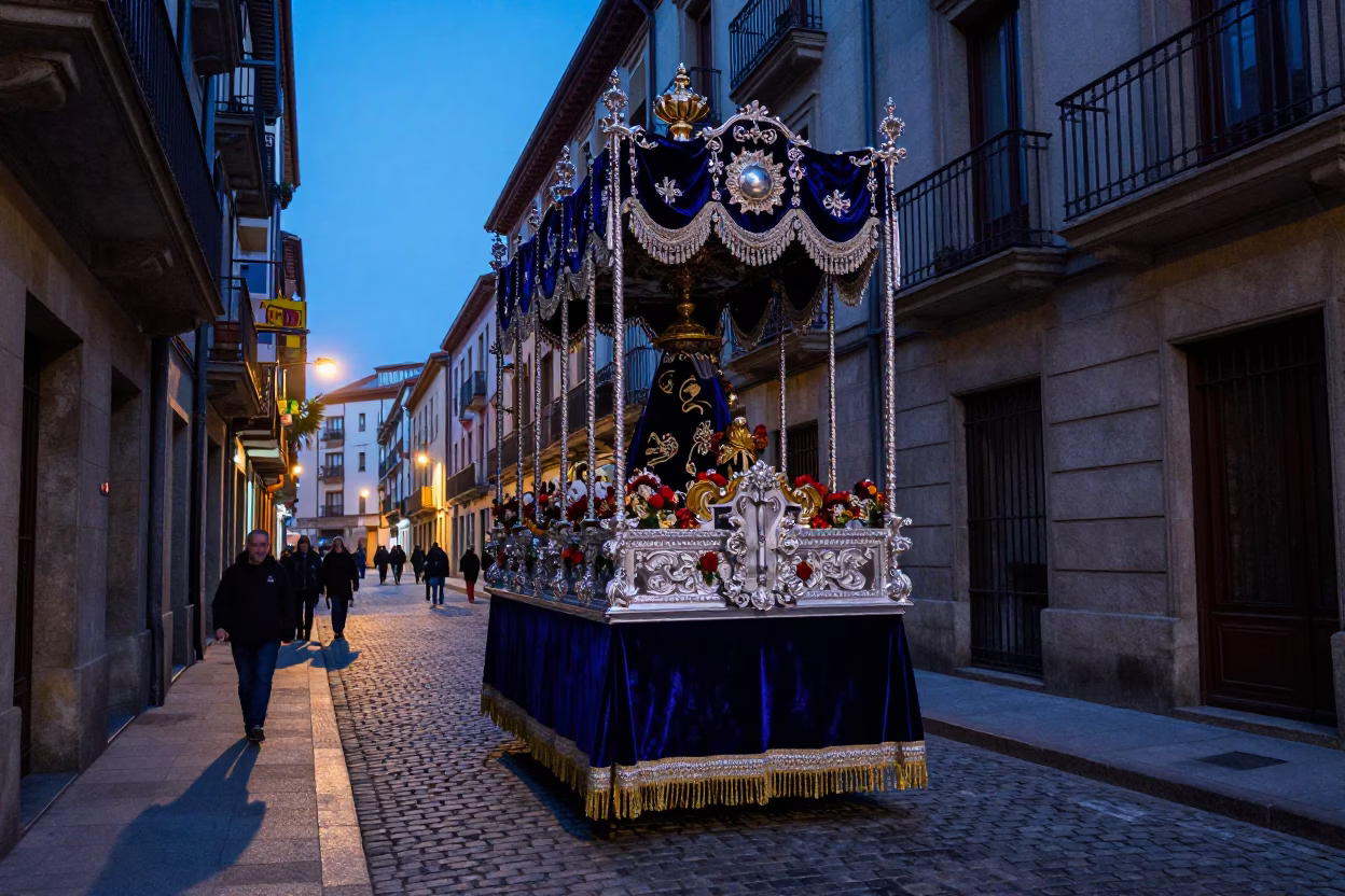Blue Hour Street Scene in Bilbao Spain with Processional Float and Narrow Cobblestone Streets in in Bilbao, Spain