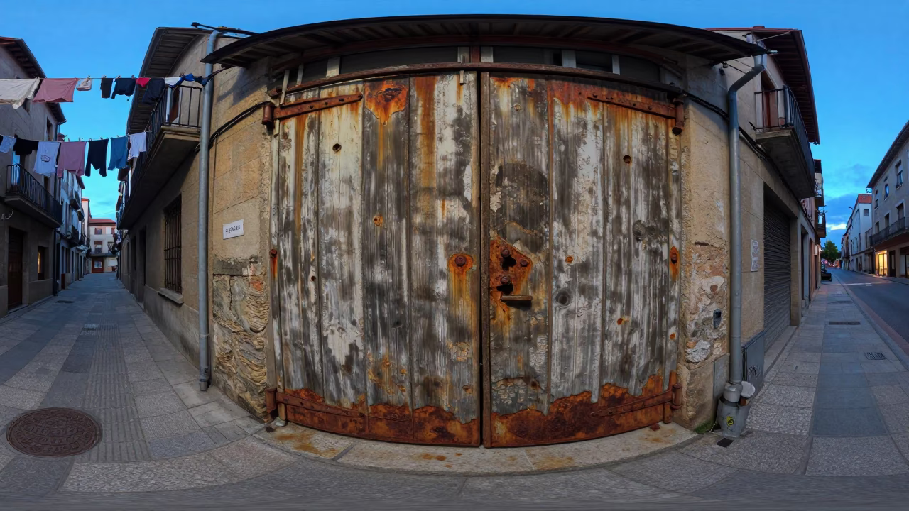 Blue Hour Street Scene in Bilbao Spain with Rusty Metal and Laundry in in Bilbao, Spain