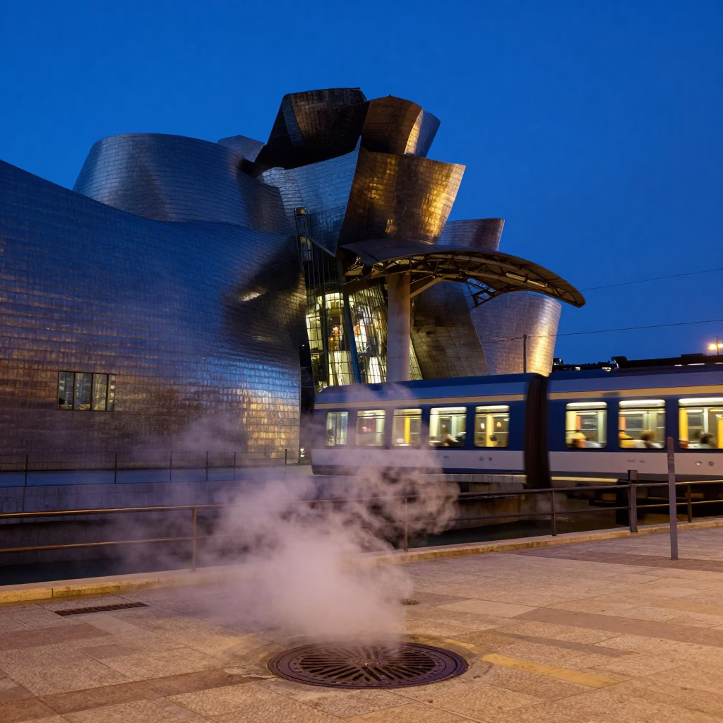 Blue Hour Street Scene in Bilbao Spain with Steam Haze and Lit Train Windows in in Bilbao, Spain
