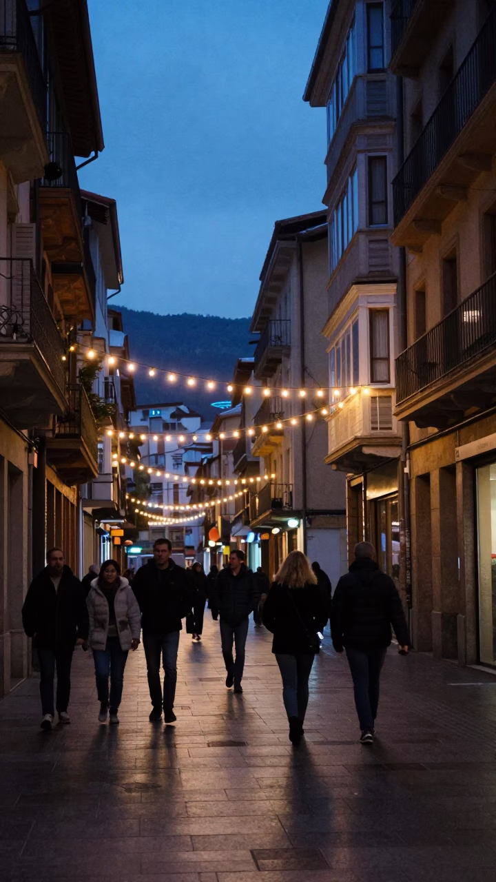 Blue Hour Street Scene in Bilbao Spain with String Lights and Urban Details in in Bilbao, Spain