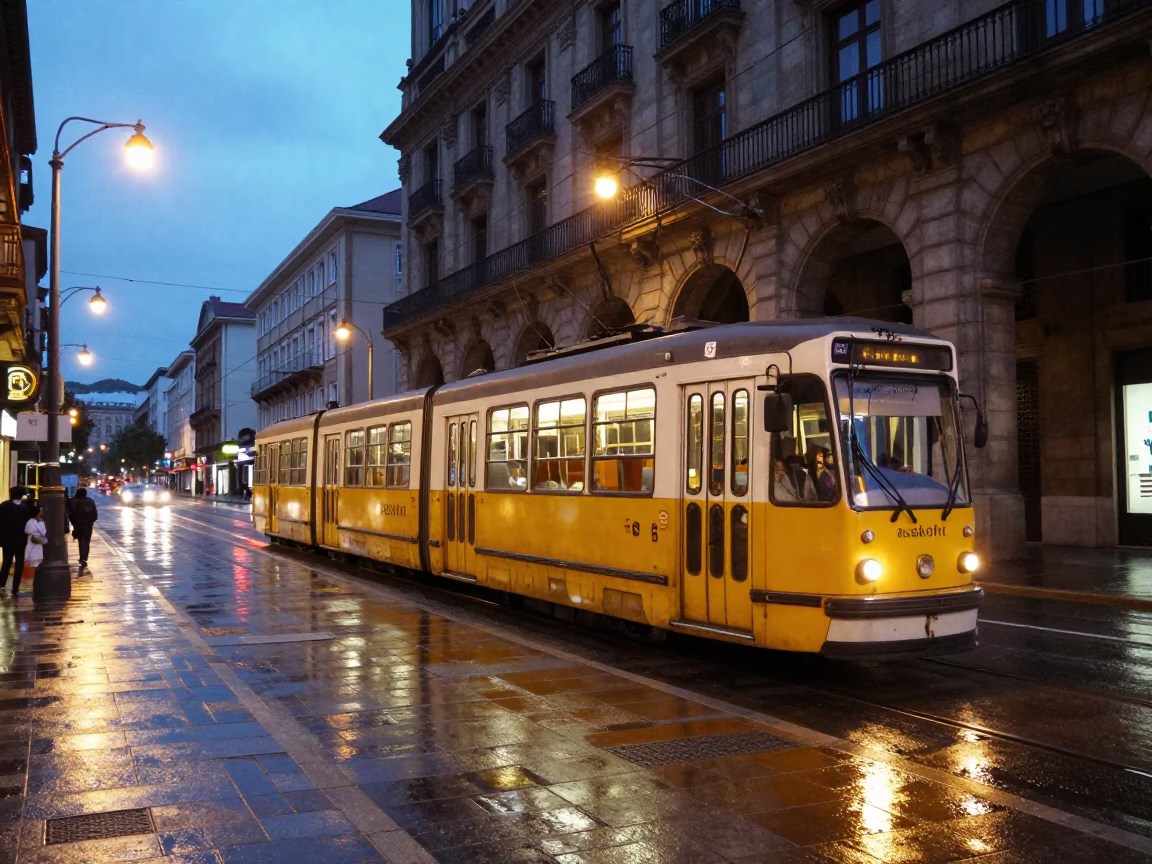 Blue Hour Street Scene in Bilbao Spain with Tram and Urban Details in in Bilbao, Spain