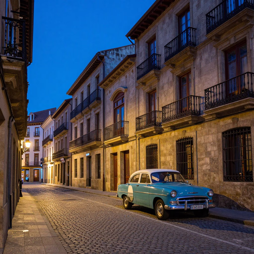 Blue Hour Street Scene in Bilbao Spain with Vintage 1950s Atmosphere and Local Details in in Bilbao, Spain