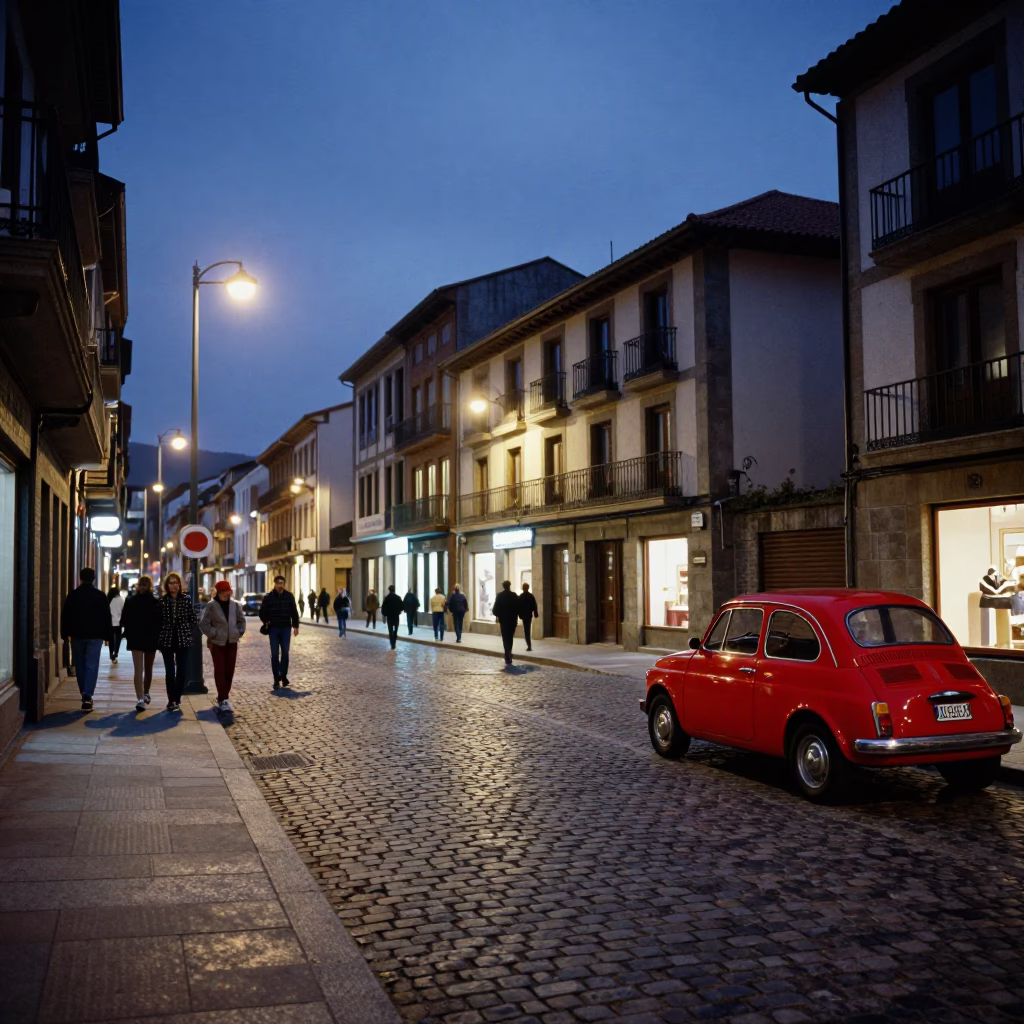 Blue Hour Street Scene in Bilbao Spain with Vintage 1980s Aesthetic and Local Details in in Bilbao, Spain