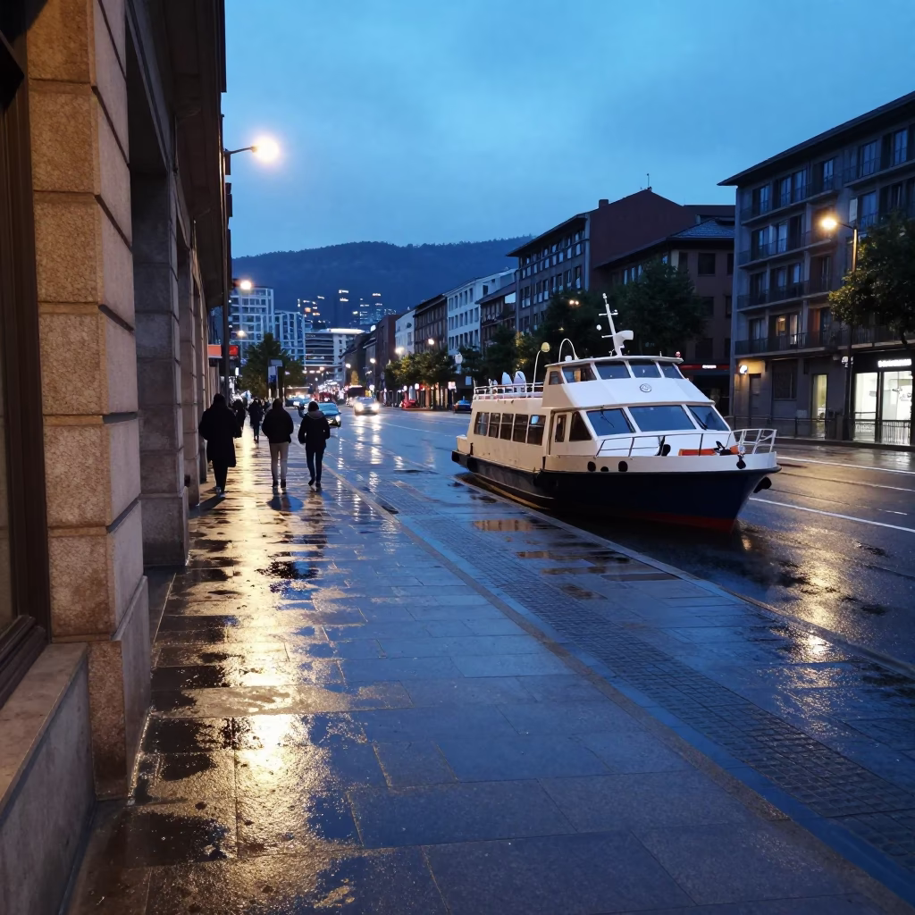 Blue Hour Street Scene in Bilbao Spain with Water Taxi and Urban Details in in Bilbao, Spain