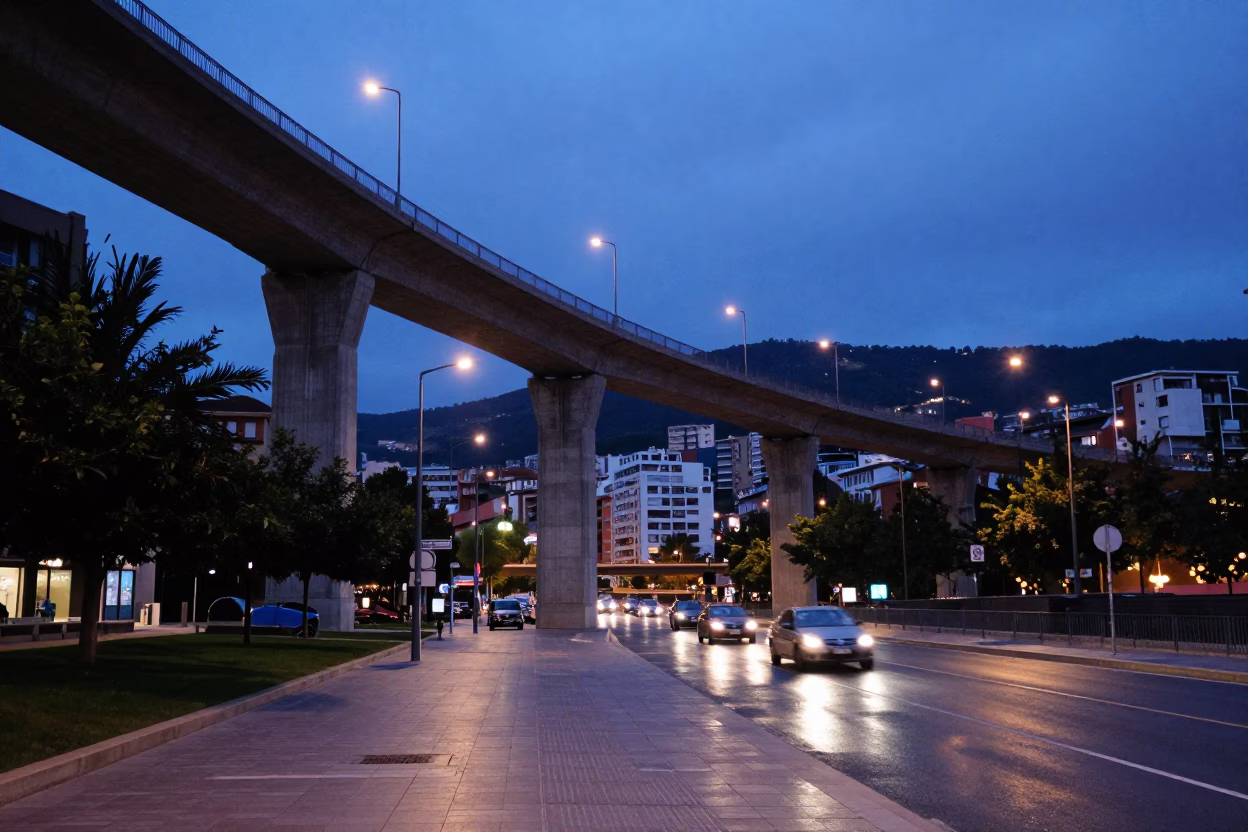 Blue Hour Street Scene in Bilbao with Concrete Viaduct and Urban Life in in Bilbao, Spain