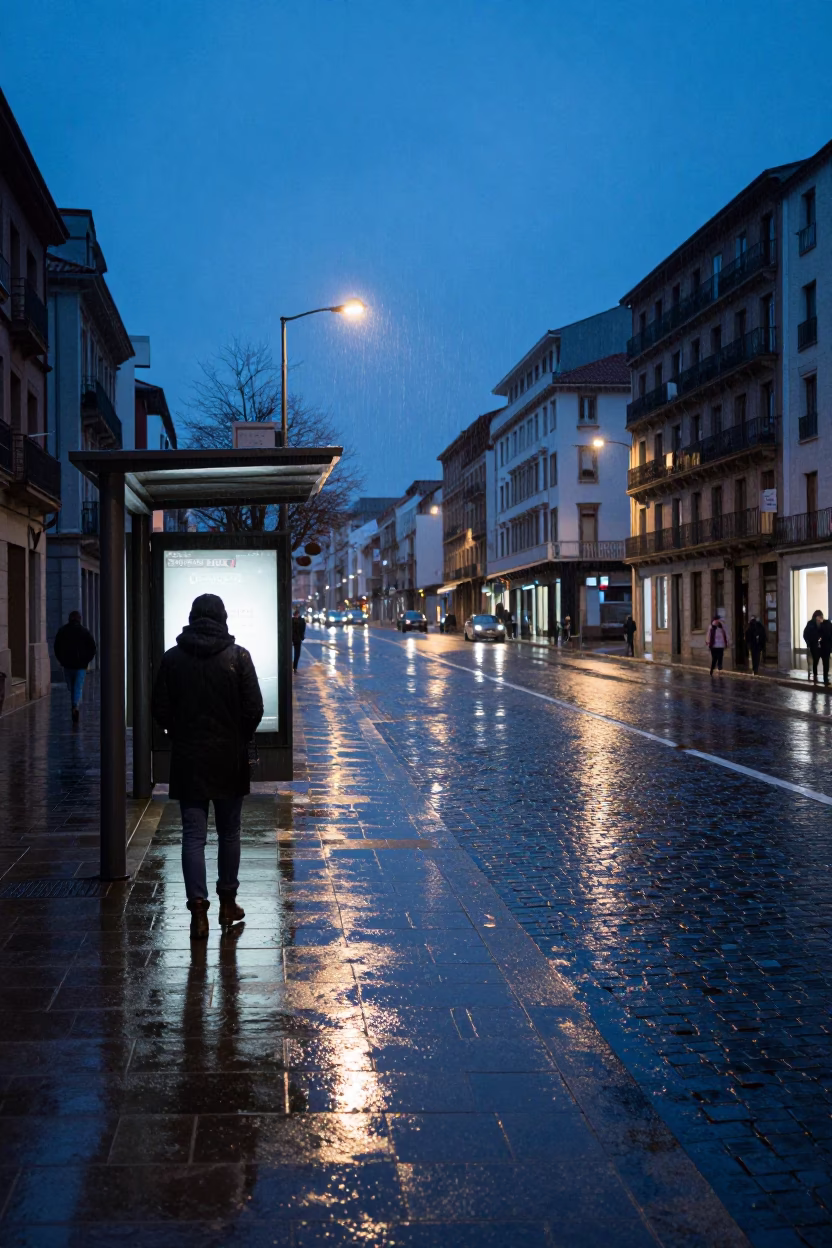 Blue Hour Street Scene in Bilbao with Rain Boots and Urban Reflections in in Bilbao, Spain