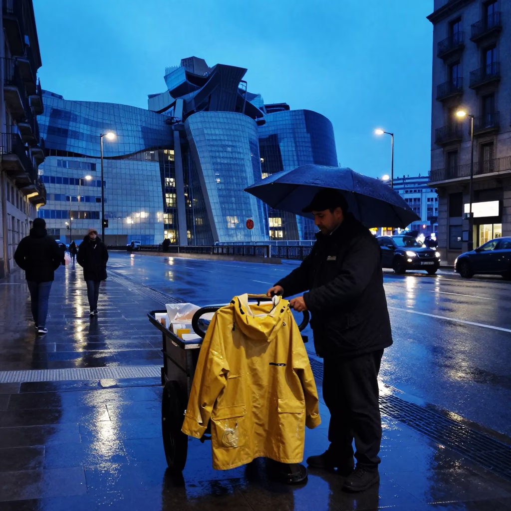 Blue Hour Street Scene in Bilbao With Raincoats and Urban Details in in Bilbao, Spain