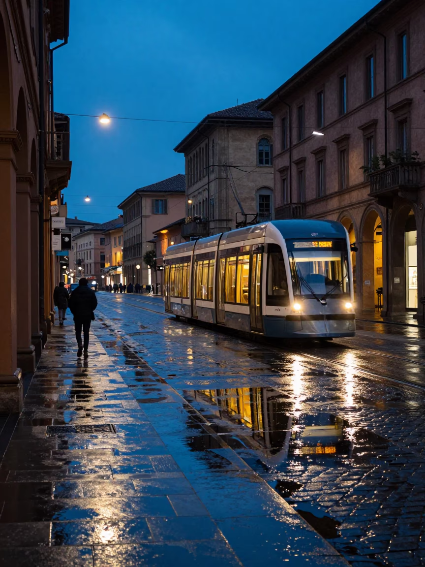 Blue Hour Street Scene in Bologna Italy Tram Reflection on Wet Cobblestones in in Bologna, Italy