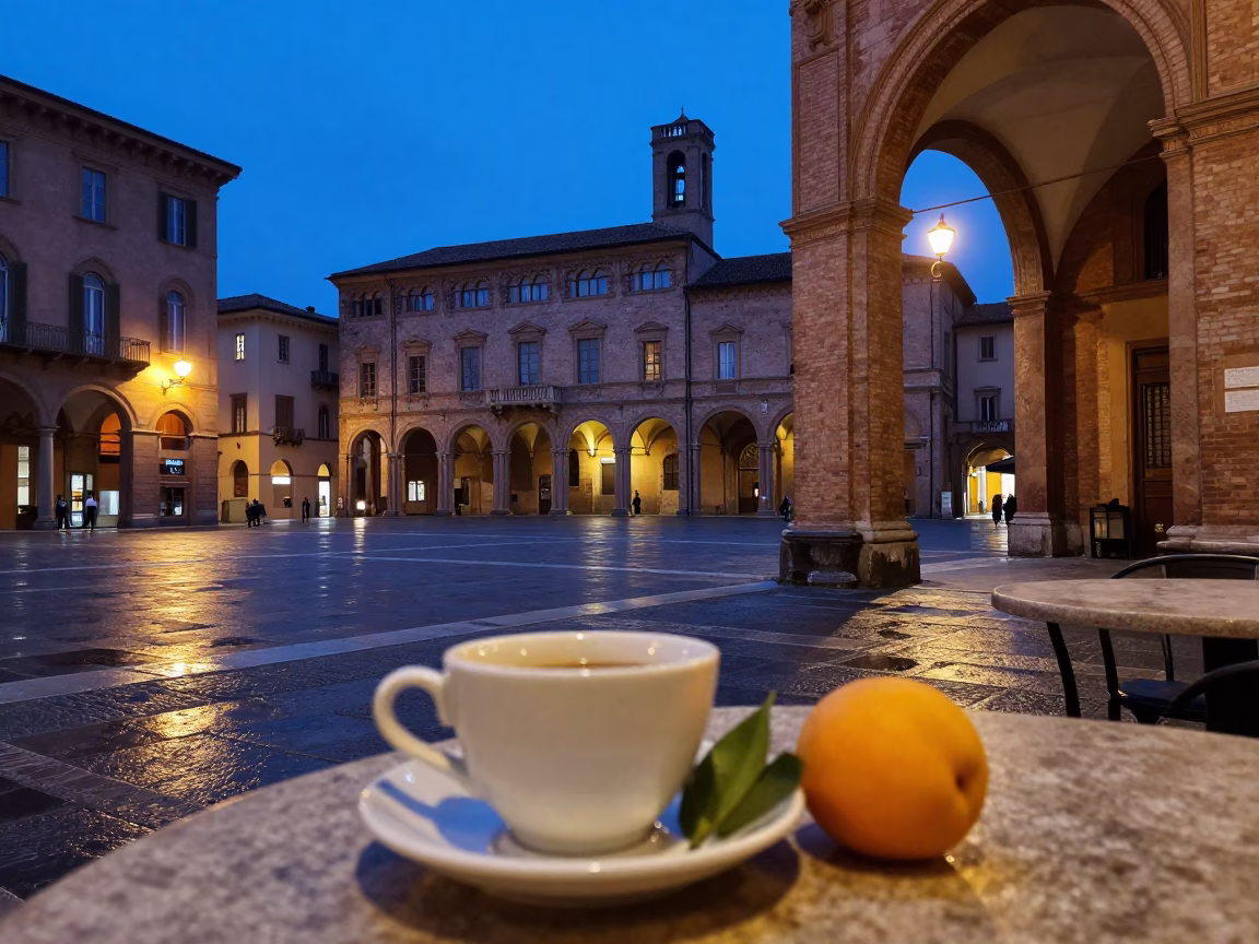 Blue Hour Street Scene in Bologna Italy with Ceramic Cup and Apricots in in Bologna, Italy