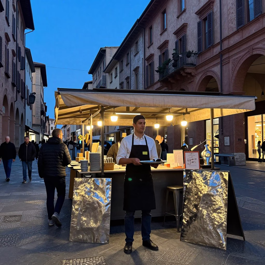 Blue Hour Street Scene in Bologna Italy with Hammered Metal and Apron in in Bologna, Italy