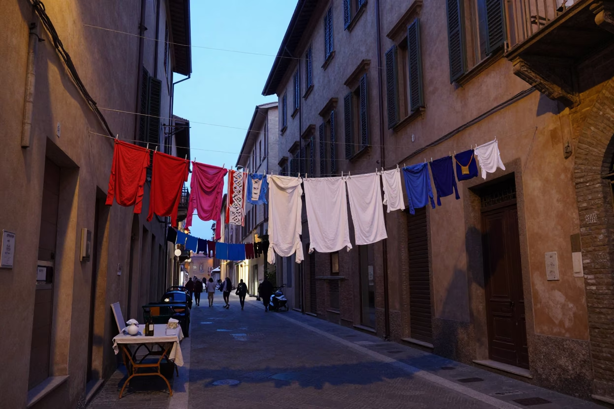 Blue Hour Street Scene in Bologna Italy with Laundry and Wine in in Bologna, Italy
