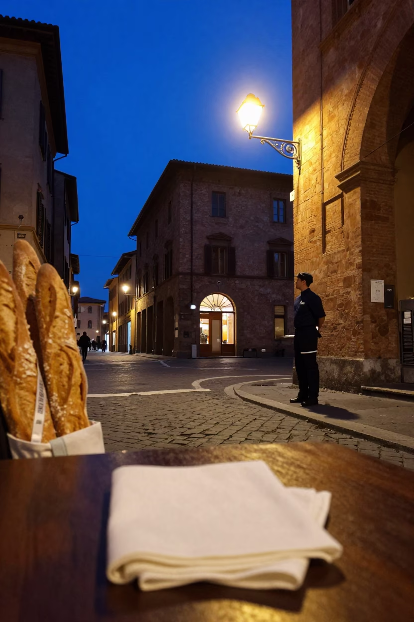 Blue Hour Street Scene in Bologna Italy with Linen Napkin and Baguettes in in Bologna, Italy
