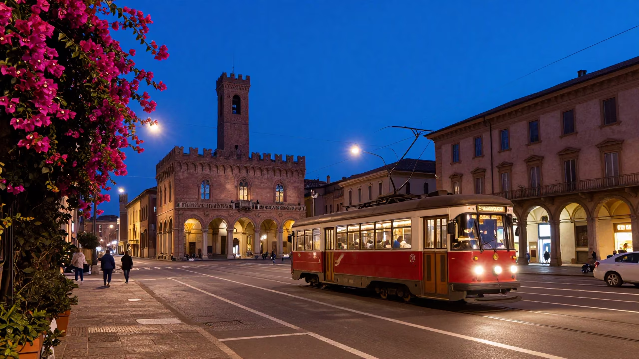 Blue Hour Street Scene in Bologna Italy with Tram and Bougainvillea in in Bologna, Italy