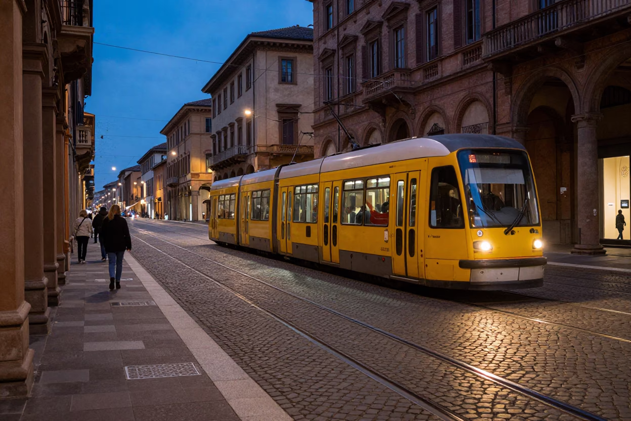Blue Hour Street Scene in Bologna Italy with Tram and Cobblestones in in Bologna, Italy