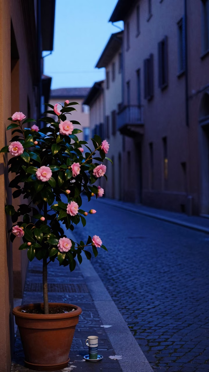 Blue Hour Street Scene in Bologna Italy with Vintage Camellia and Cup in in Bologna, Italy