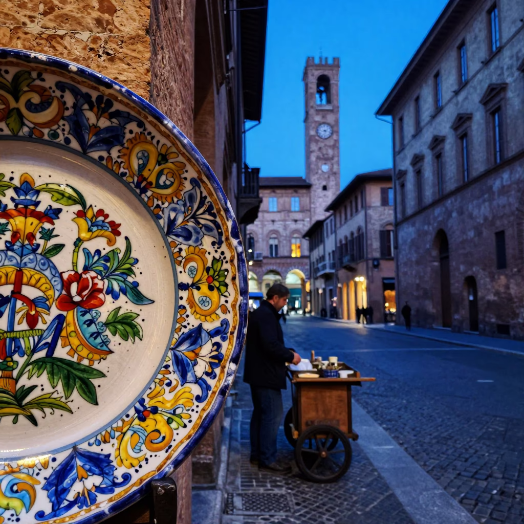 Blue Hour Street Scene in Bologna Italy with Vintage Majolica Plate Detail in in Bologna, Italy