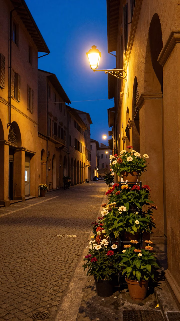 Blue Hour Street Scene in Bologna Italy with Zinnias and Night Light in in Bologna, Italy