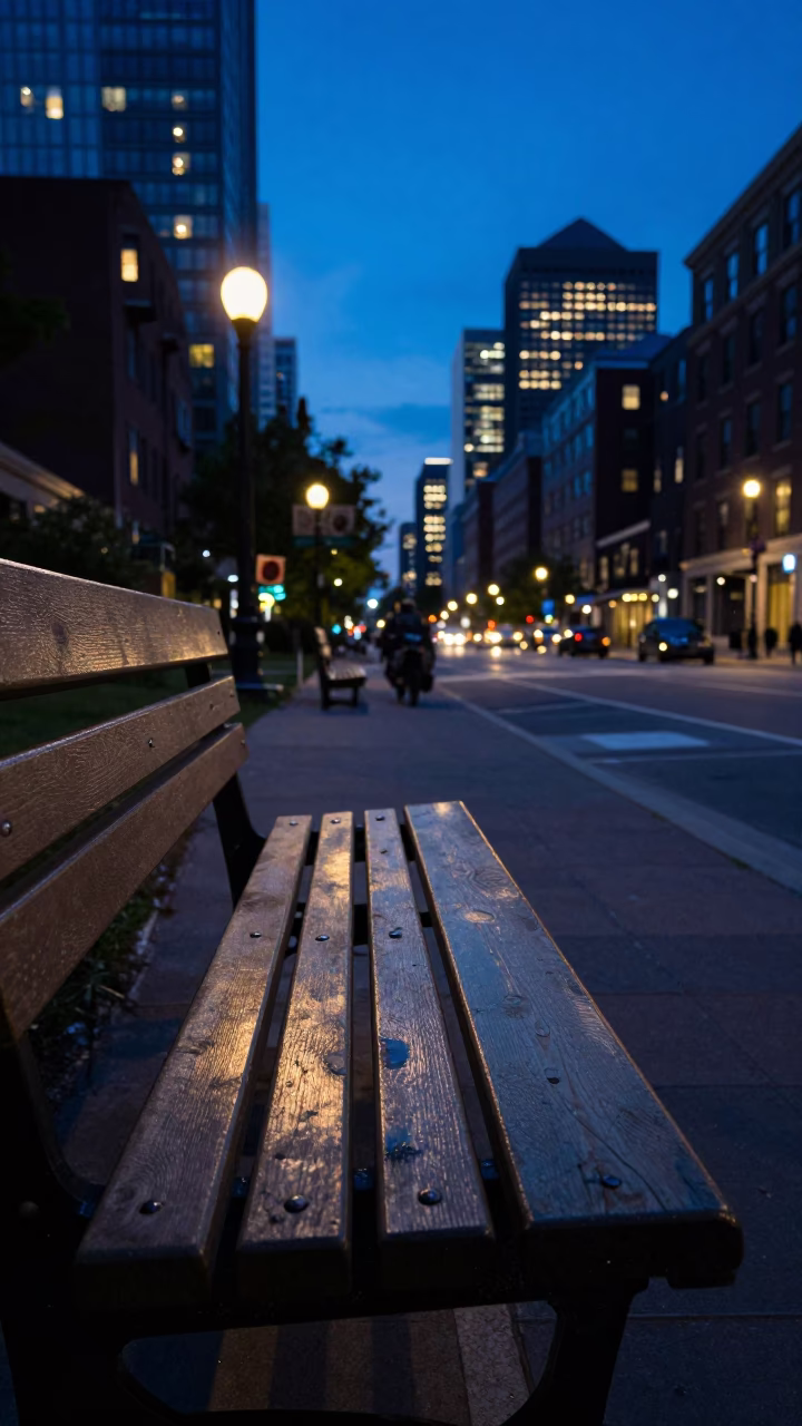 Blue Hour Street Scene in Boston Massachusetts with Bench and Urban Details in in Boston, Massachusetts, United States