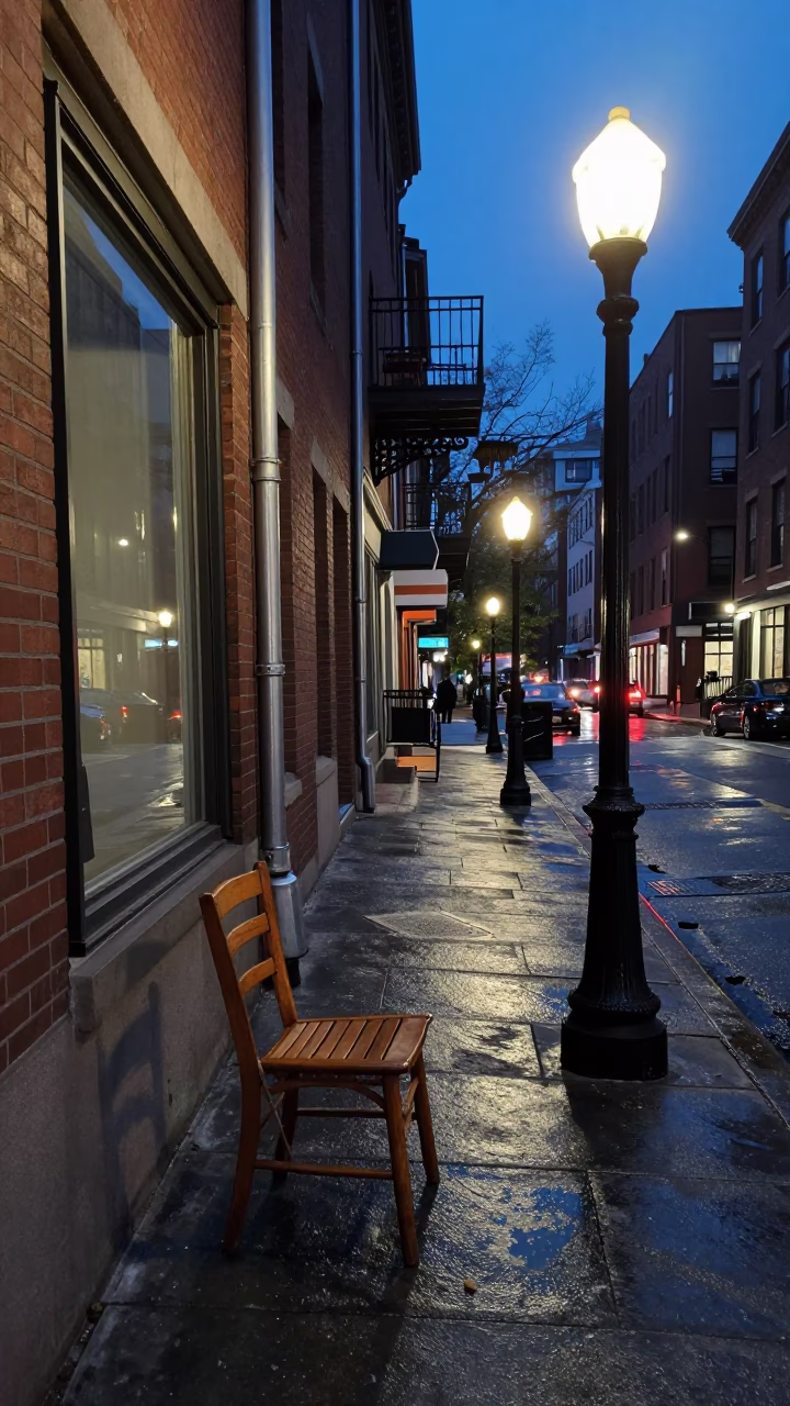Blue Hour Street Scene in Boston Massachusetts with Chair and Lamp in in Boston, Massachusetts, United States