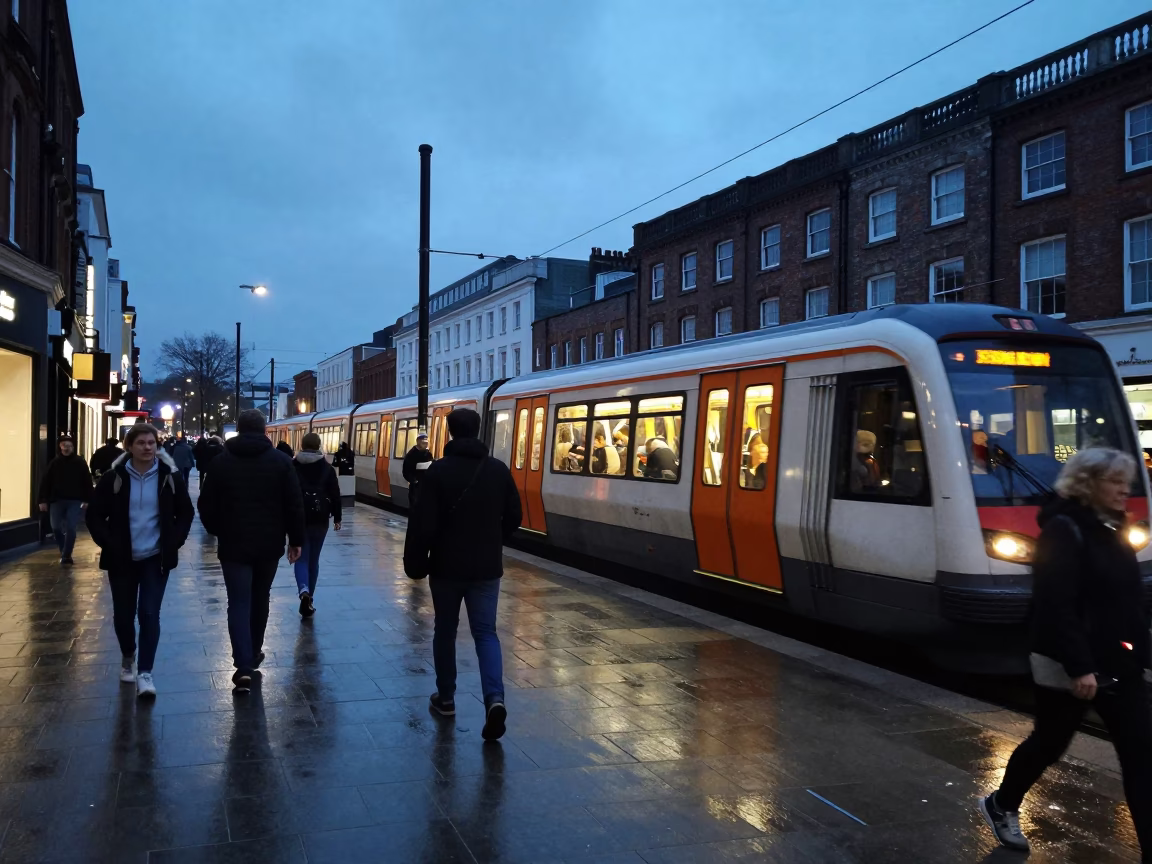 Blue Hour Street Scene in Bristol UK with Metro Train and Busy Urban Life in in Bristol, United Kingdom