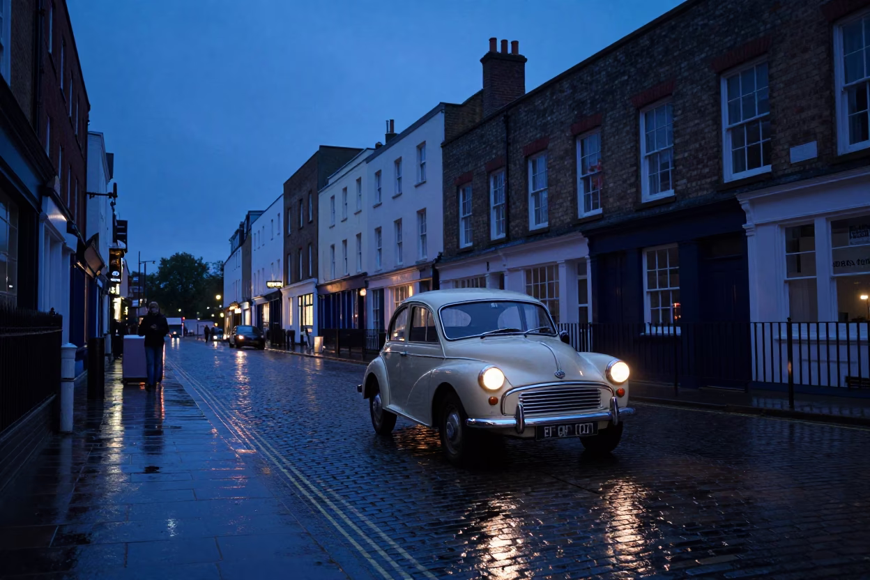 Blue Hour Street Scene in Bristol UK with Vintage Car and Cobblestones in in Bristol, United Kingdom