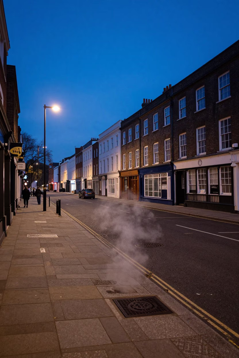Blue Hour Street Scene in Bristol United Kingdom with Vintage 1950s Atmosphere in in Bristol, United Kingdom