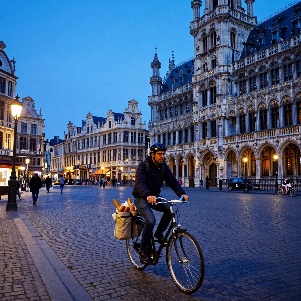 Blue Hour Street Scene in Brussels Belgium with Bicycle and Clipboard in in Brussels, Belgium