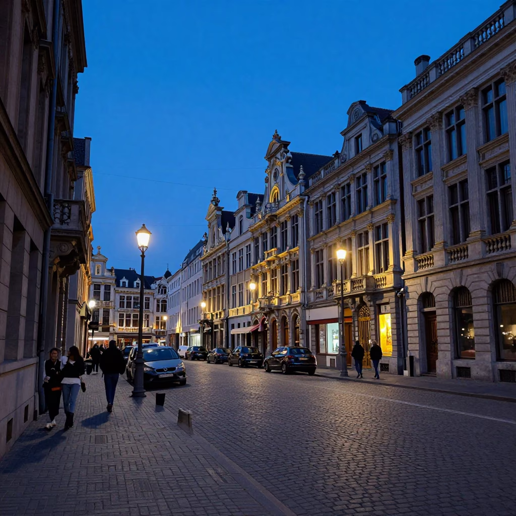 Blue Hour Street Scene in Brussels Belgium with Historic Architecture and Urban Details in in Brussels, Belgium