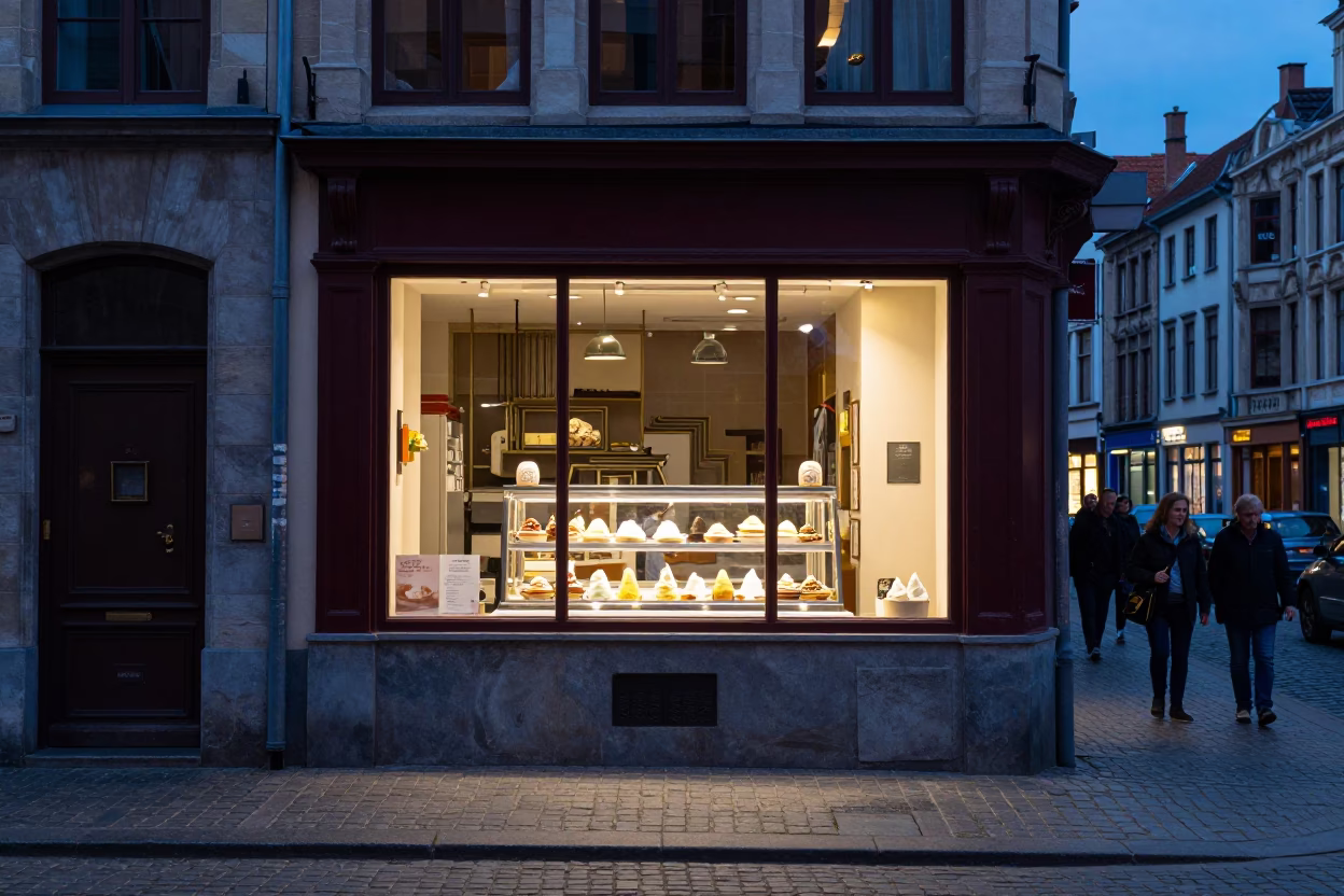 Blue Hour Street Scene in Brussels Belgium with Shop Window Display and Cobblestone in in Brussels, Belgium