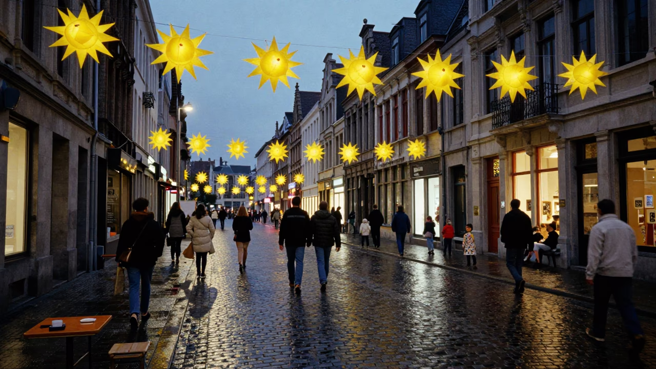 Blue Hour Street Scene in Brussels Belgium with Tissue Paper Suns in Preschool Window in in Brussels, Belgium