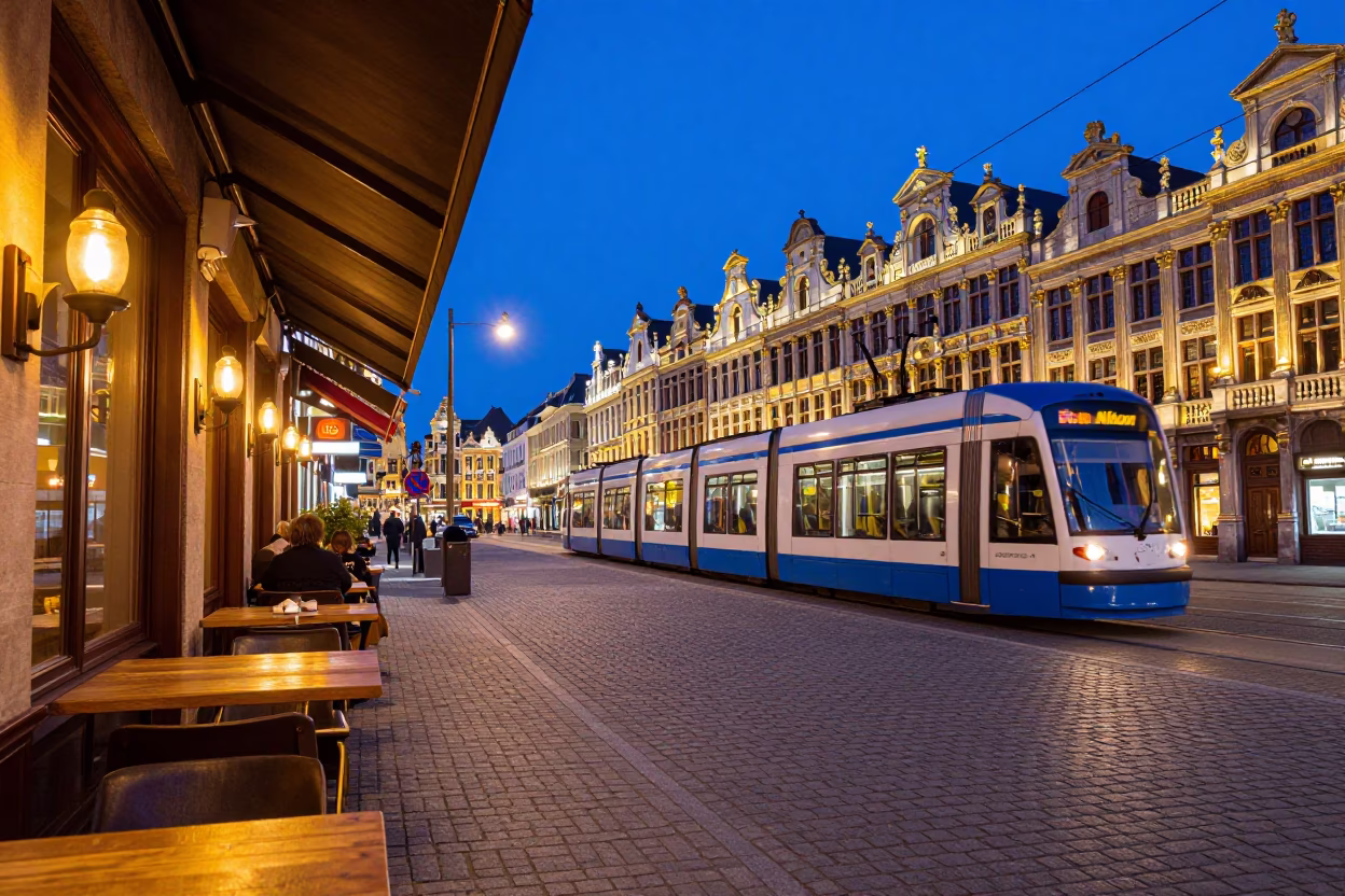 Blue Hour Street Scene in Brussels Belgium with Tram and Warm Cafe Interior in in Brussels, Belgium