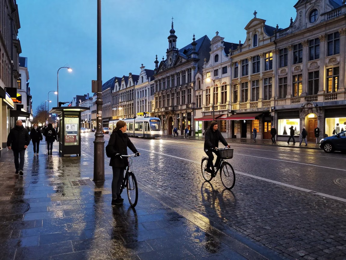 Blue Hour Street Scene in Brussels Belgium with Vintage Camera and Cobblestones in in Brussels, Belgium