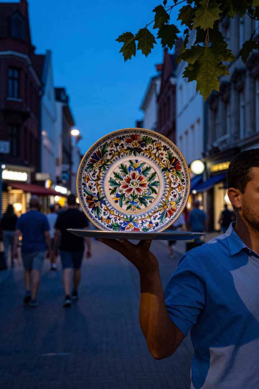Blue Hour Street Scene in Brussels Belgium with Vintage Majolica Plate and Leaf Shadows in in Brussels, Belgium