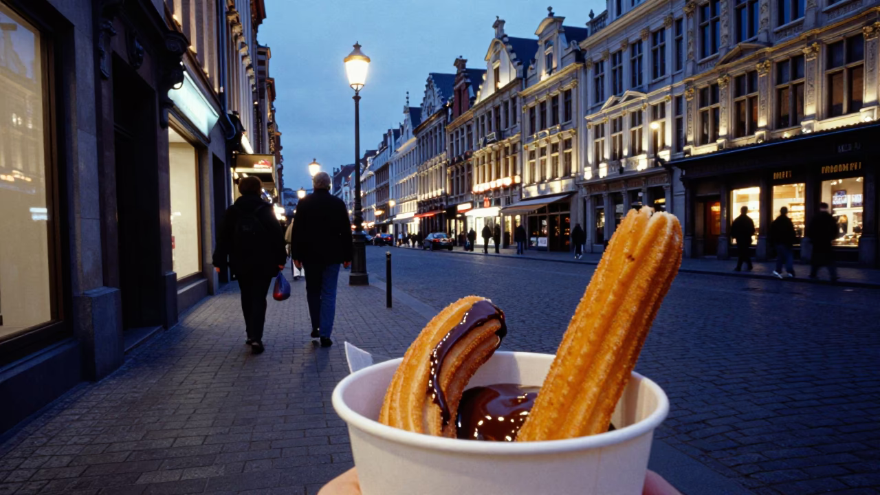 Blue Hour Street Scene in Brussels with Warm Churros and Chocolate Sauce in in Brussels, Belgium