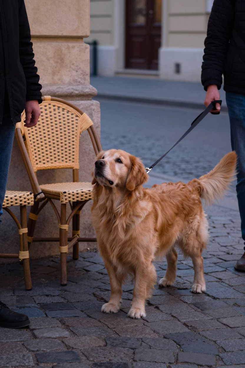 Blue Hour Street Scene in Budapest Hungary with Dog and Rattan Chair in in Budapest, Hungary