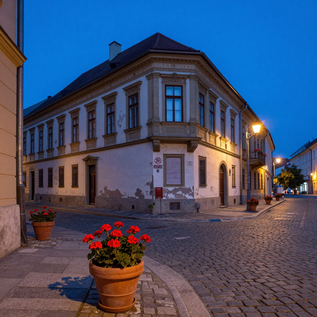 Blue Hour Street Scene in Budapest Hungary with Geraniums and Dusk Light in in Budapest, Hungary