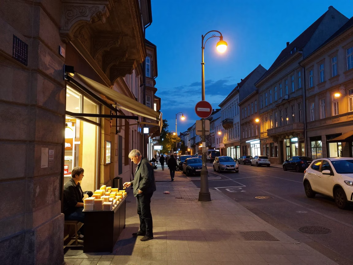 Blue Hour Street Scene in Budapest Hungary with Shopkeeper and Bar Soap in in Budapest, Hungary