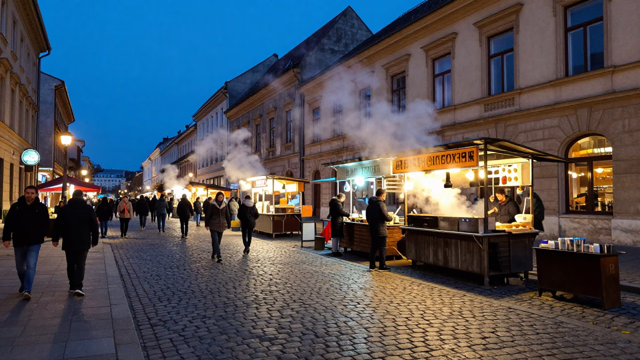 Blue Hour Street Scene in Budapest Hungary with Steam and Local Market Activity in in Budapest, Hungary