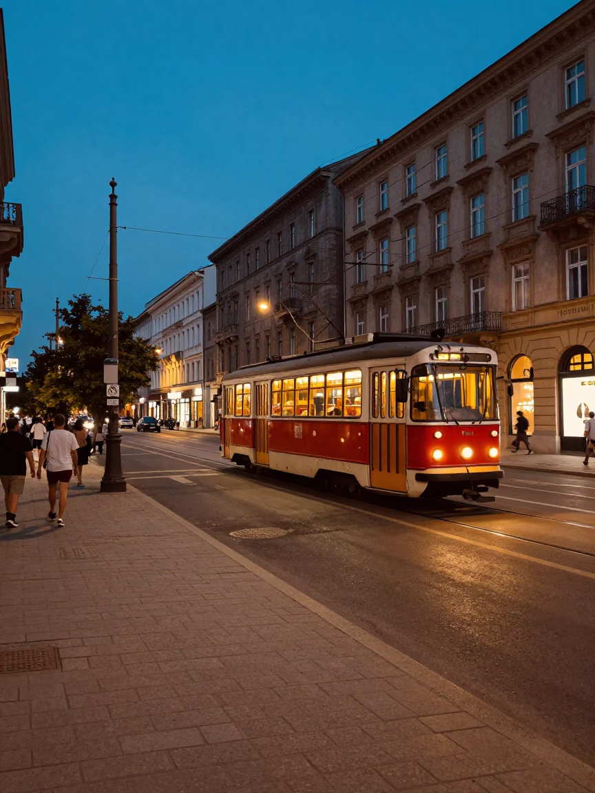 Blue Hour Street Scene in Budapest Hungary with Vintage 1970s Aesthetic and Local Life in in Budapest, Hungary