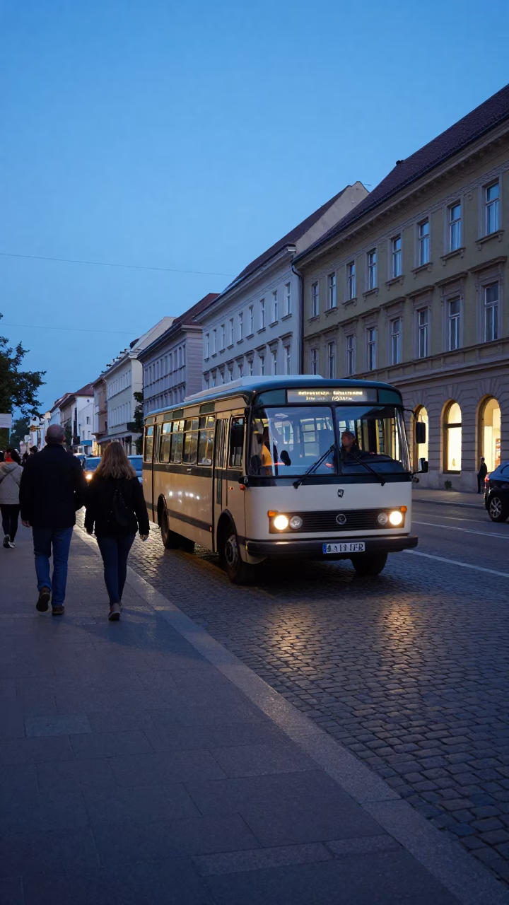 Blue Hour Street Scene in Budapest Hungary with Vintage Car and Pedestrians in in Budapest, Hungary