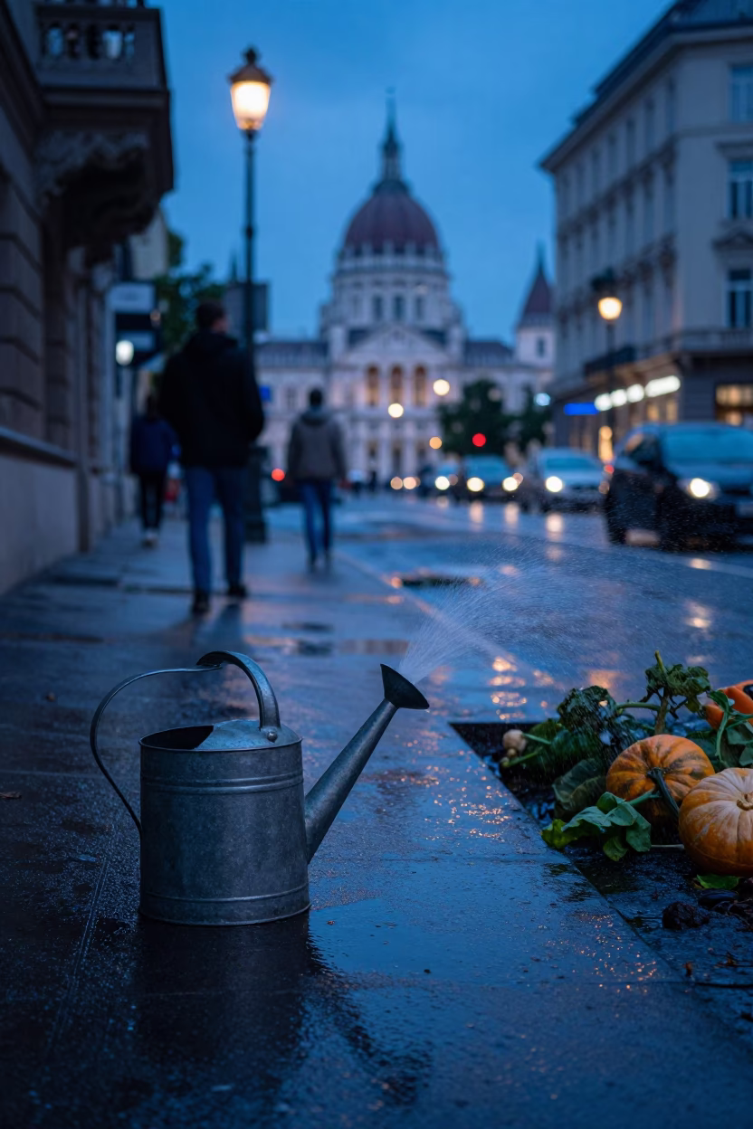 Blue Hour Street Scene in Budapest with Watering Can and Bridge Pier in in Budapest, Hungary