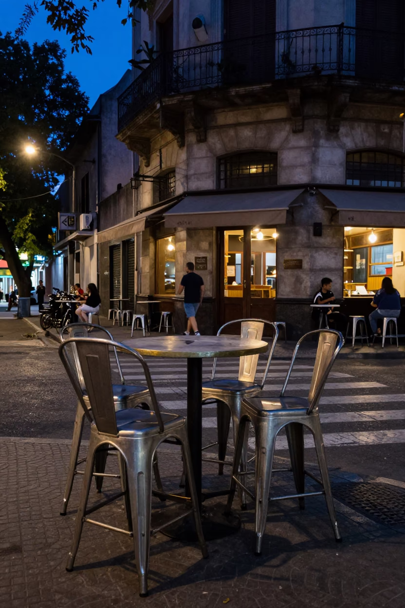 Blue Hour Street Scene in Buenos Aires Argentina with Cutlery and Bar Stools in in Buenos Aires, Argentina