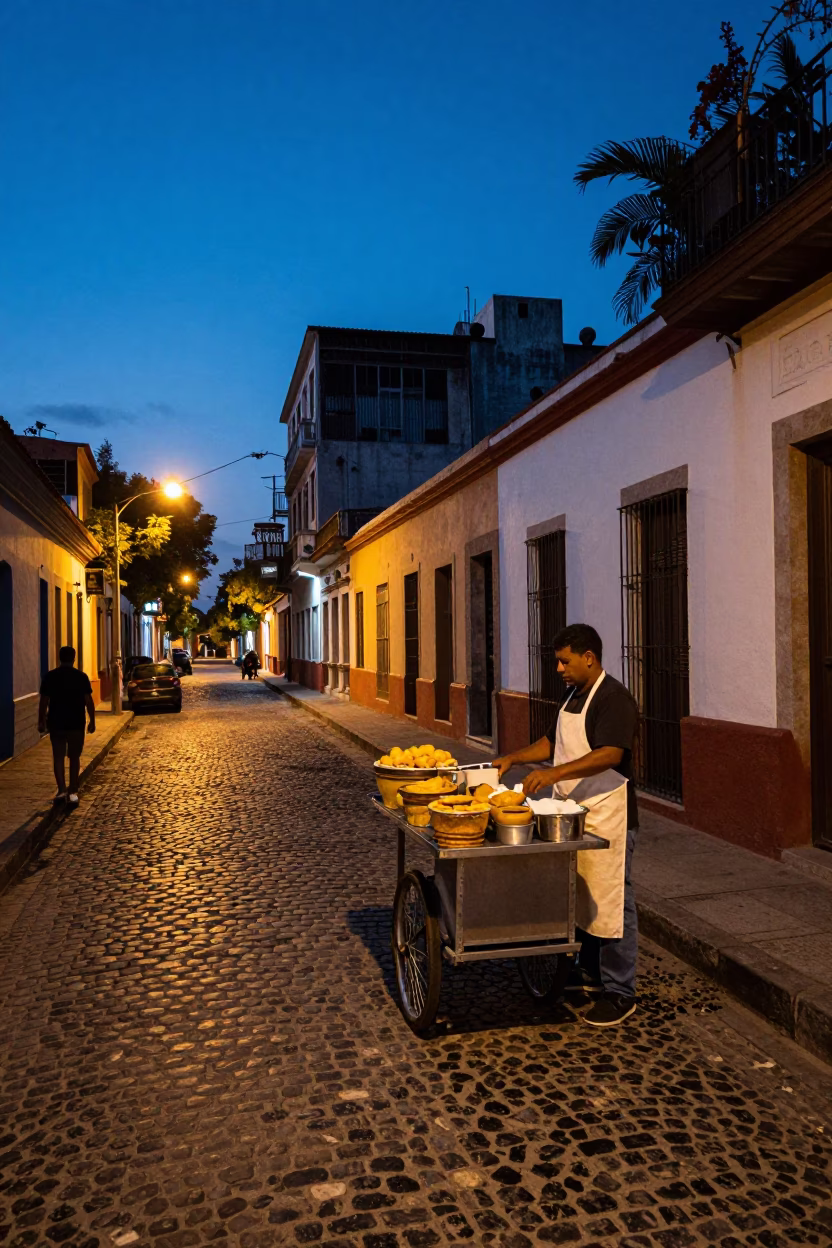 Blue Hour Street Scene in Buenos Aires Argentina with Traditional Food and Urban Architecture in in Buenos Aires, Argentina