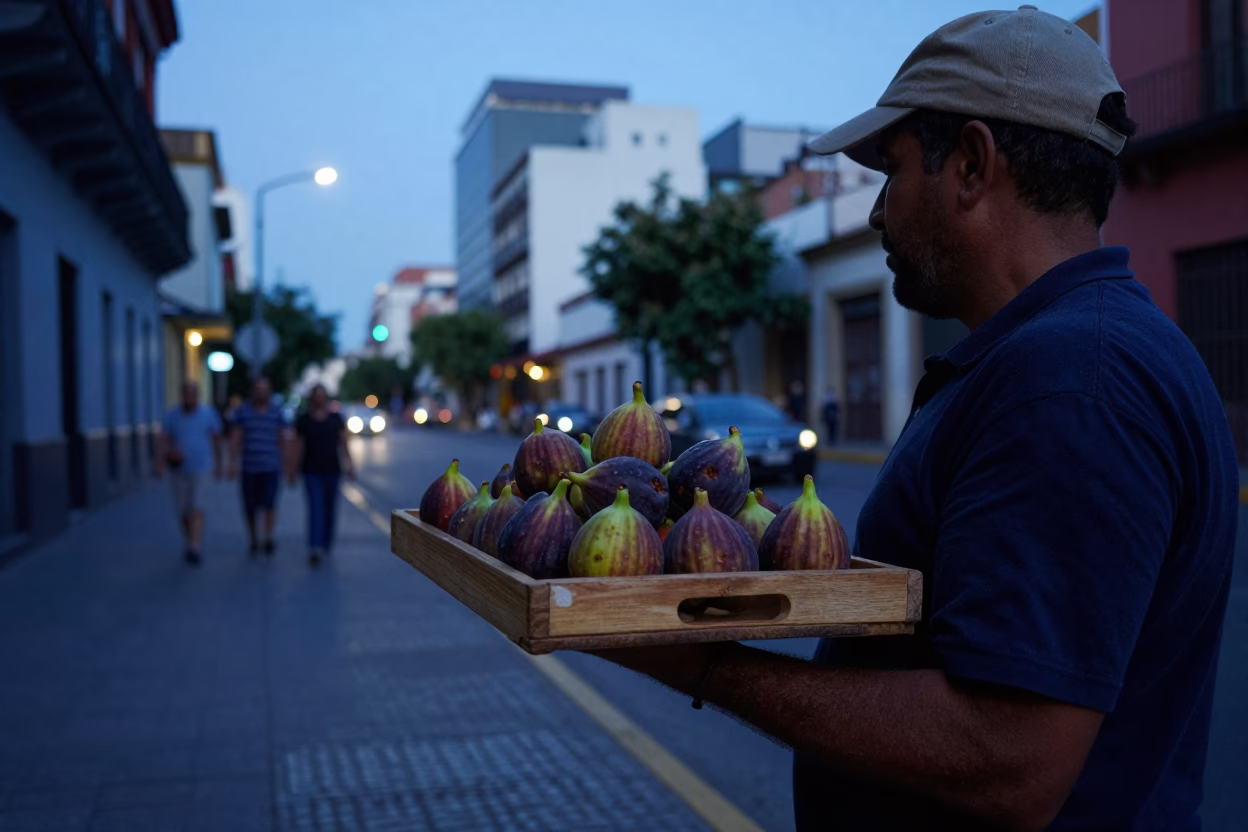 Blue Hour Street Scene in Buenos Aires Argentina with Wooden Tray and Figs in in Buenos Aires, Argentina